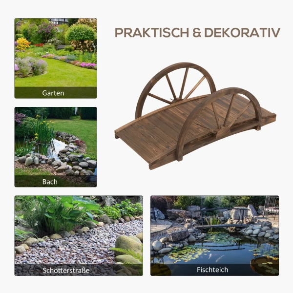 Tuinbrug Van Sparrenhout, Houten Brug Met Wielontwerp, Vijverbrug Tot 150 Kg Belastbaar, Sierbrug Decoratieve Brug, Brug Voor Tuinpark Achtertuin 100 X 50 X 37 Cm Verkoold 7