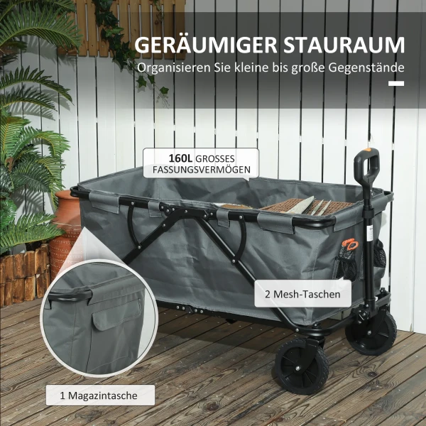 Tuinwagen 120 Kg Belastbaar, Opvouwbare Transportwagen Met Uitneembare Zeil, Handvat, Wielen, Stuuras, Bolderkar Handwagen Tuinkar 160 Liter Gereedschapswagen Voor Huis Tuin, Donkergrijs 5