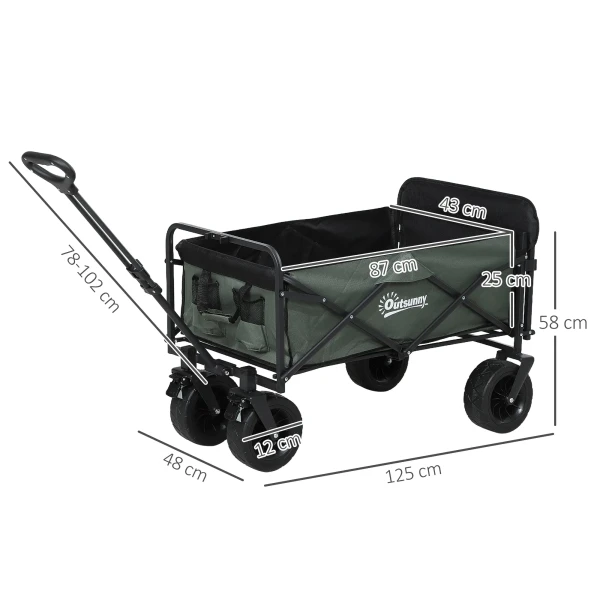 Tuinwagen 120 Kg Belastbaar, Opvouwbare Transportwagen Met Uitneembare Zeil, Handvat, Wielen, Stuuras, Bolderkar Handwagen Tuinkar 95 Liter Gereedschapswagen Voor Huis Tuin, Groen 4