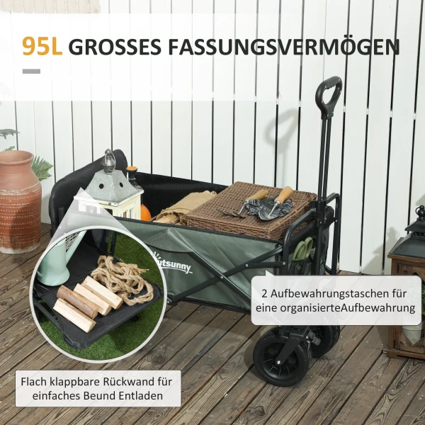 Tuinwagen 120 Kg Belastbaar, Opvouwbare Transportwagen Met Uitneembare Zeil, Handvat, Wielen, Stuuras, Bolderkar Handwagen Tuinkar 95 Liter Gereedschapswagen Voor Huis Tuin, Groen 5