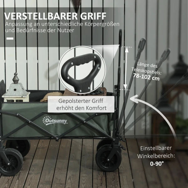 Tuinwagen 120 Kg Belastbaar, Opvouwbare Transportwagen Met Uitneembare Zeil, Handvat, Wielen, Stuuras, Bolderkar Handwagen Tuinkar 95 Liter Gereedschapswagen Voor Huis Tuin, Groen 9