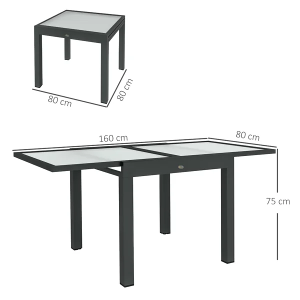 Uitschuifbare Grote Tuin Tafel Afmetingen: 160l X 80b X 75h Cm Aluminium Donkergrijs Blad Van Gehard Transparant Glas 4