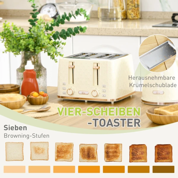 Waterkoker Met Broodrooster 1,7l Waterkoker 4 Toastscheiben Ontbijtset Met 7 Bruiningsniveaus, Automatische Uitschakeling, Ontdooi & Opwarmfunctie En Kruimellade, Beige 6