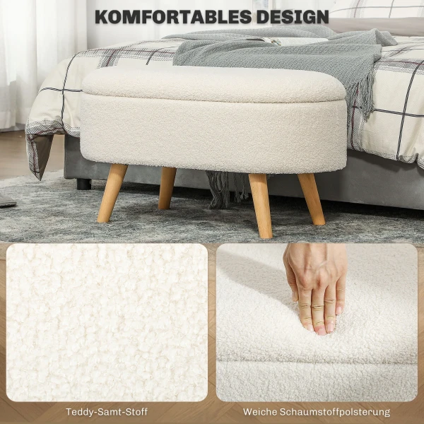 Zitbank Met Opbergruimte, Gestoffeerde Bank Met Deksel, Bedbank Met Teddy Fluwelen Look, Voor Hal Slaapkamer Woonkamer, Houten Frame 82 X 41 X 45 Cm Wit 6