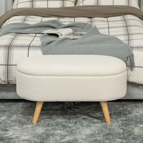 Zitbank Met Opbergruimte, Gestoffeerde Bank Met Deksel, Bedbank Met Teddy Fluwelen Look, Voor Hal Slaapkamer Woonkamer, Houten Frame 82 X 41 X 45 Cm Wit 9