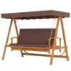 2 in 1 hollywood schommel met ligfunctie, 3 zits tuinschommel van hout, houten schommel met zonnedak zitkussen, schommelbank tot 330kg, voor tuin, terras, 236x130x181 cm, bruin 1