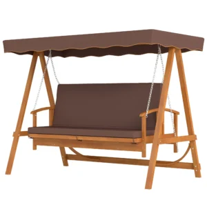 2 in 1 hollywood schommel met ligfunctie, 3 zits tuinschommel van hout, houten schommel met zonnedak zitkussen, schommelbank tot 330kg, voor tuin, terras, 236x130x181 cm, bruin 1