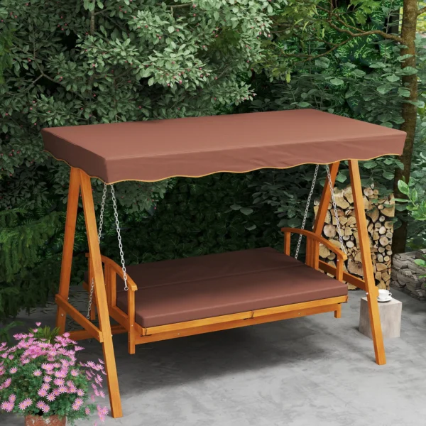 2 in 1 hollywood schommel met ligfunctie, 3 zits tuinschommel van hout, houten schommel met zonnedak zitkussen, schommelbank tot 330kg, voor tuin, terras, 236x130x181 cm, bruin 10