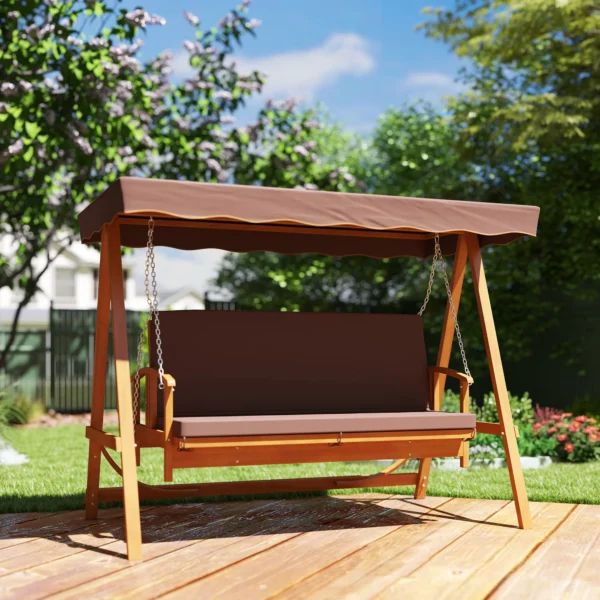 2 in 1 hollywood schommel met ligfunctie, 3 zits tuinschommel van hout, houten schommel met zonnedak zitkussen, schommelbank tot 330kg, voor tuin, terras, 236x130x181 cm, bruin 2