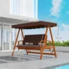 2 in 1 hollywood schommel met ligfunctie, 3 zits tuinschommel van hout, houten schommel met zonnedak zitkussen, schommelbank tot 330kg, voor tuin, terras, 236x130x181 cm, bruin 4
