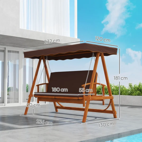 2 in 1 hollywood schommel met ligfunctie, 3 zits tuinschommel van hout, houten schommel met zonnedak zitkussen, schommelbank tot 330kg, voor tuin, terras, 236x130x181 cm, bruin 4