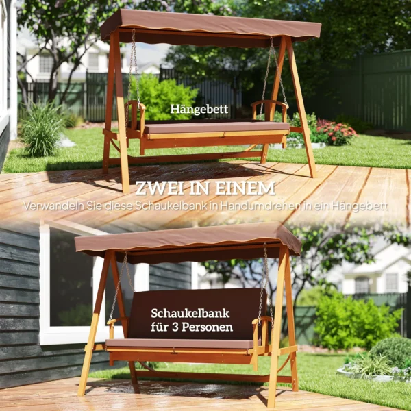 2 in 1 hollywood schommel met ligfunctie, 3 zits tuinschommel van hout, houten schommel met zonnedak zitkussen, schommelbank tot 330kg, voor tuin, terras, 236x130x181 cm, bruin 5