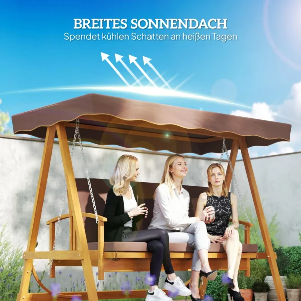 2 in 1 hollywood schommel met ligfunctie, 3 zits tuinschommel van hout, houten schommel met zonnedak zitkussen, schommelbank tot 330kg, voor tuin, terras, 236x130x181 cm, bruin 6