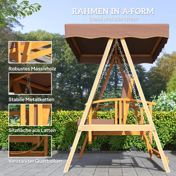 2 in 1 hollywood schommel met ligfunctie, 3 zits tuinschommel van hout, houten schommel met zonnedak zitkussen, schommelbank tot 330kg, voor tuin, terras, 236x130x181 cm, bruin 7