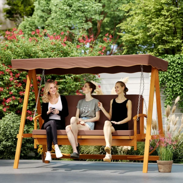 2 in 1 hollywood schommel met ligfunctie, 3 zits tuinschommel van hout, houten schommel met zonnedak zitkussen, schommelbank tot 330kg, voor tuin, terras, 236x130x181 cm, bruin 9