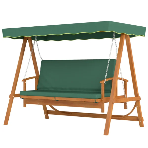 2 in 1 hollywood schommel met ligfunctie, 3 zits tuinschommel van hout, houten schommel met zonnedak zitkussen, schommelbank tot 330kg, voor tuin, terras, 236x130x181 cm, donkergroen 1