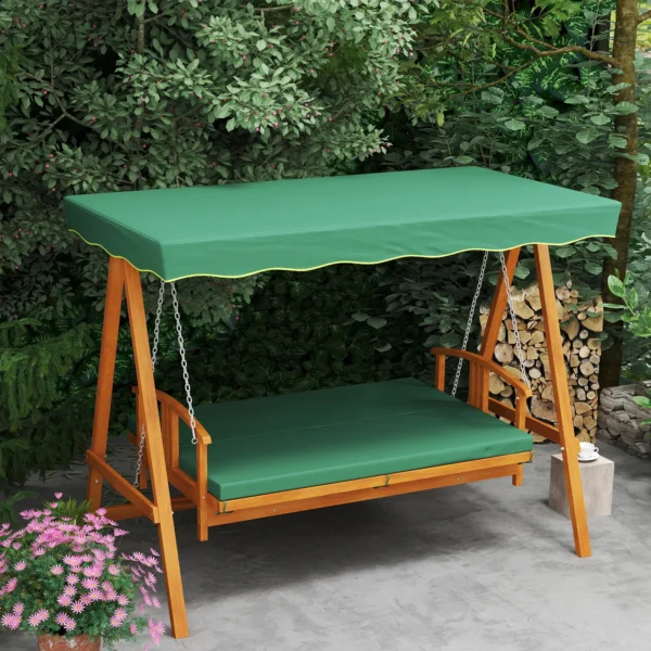 2 in 1 hollywood schommel met ligfunctie, 3 zits tuinschommel van hout, houten schommel met zonnedak zitkussen, schommelbank tot 330kg, voor tuin, terras, 236x130x181 cm, donkergroen 10