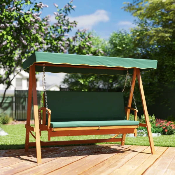 2 in 1 hollywood schommel met ligfunctie, 3 zits tuinschommel van hout, houten schommel met zonnedak zitkussen, schommelbank tot 330kg, voor tuin, terras, 236x130x181 cm, donkergroen 2
