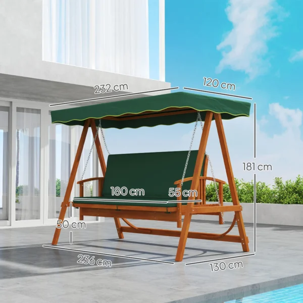 2 in 1 hollywood schommel met ligfunctie, 3 zits tuinschommel van hout, houten schommel met zonnedak zitkussen, schommelbank tot 330kg, voor tuin, terras, 236x130x181 cm, donkergroen 4
