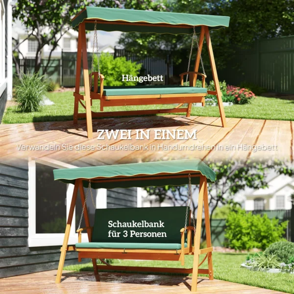 2 in 1 hollywood schommel met ligfunctie, 3 zits tuinschommel van hout, houten schommel met zonnedak zitkussen, schommelbank tot 330kg, voor tuin, terras, 236x130x181 cm, donkergroen 5