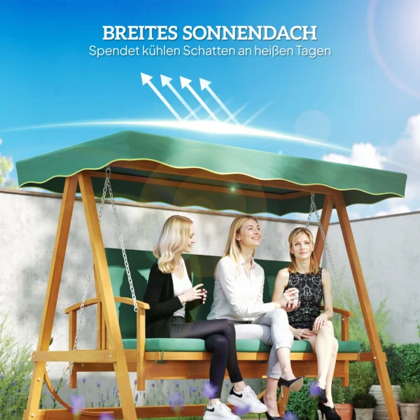 2 in 1 hollywood schommel met ligfunctie, 3 zits tuinschommel van hout, houten schommel met zonnedak zitkussen, schommelbank tot 330kg, voor tuin, terras, 236x130x181 cm, donkergroen 6