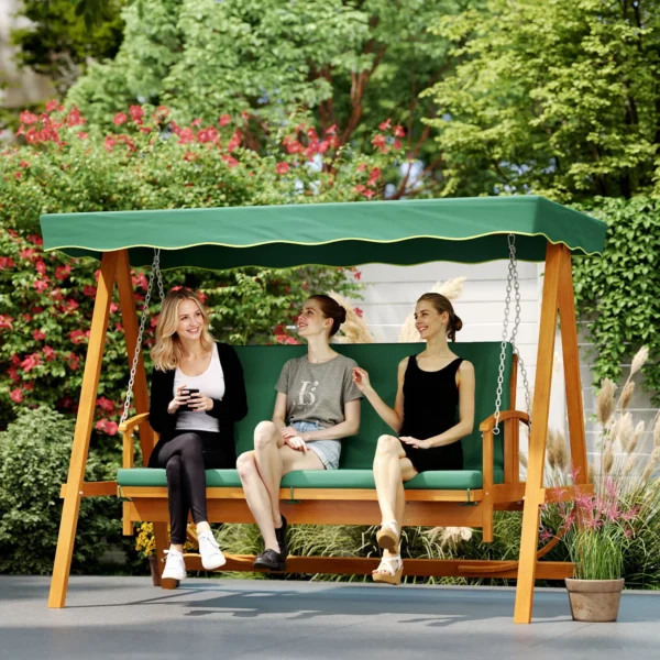 2 in 1 hollywood schommel met ligfunctie, 3 zits tuinschommel van hout, houten schommel met zonnedak zitkussen, schommelbank tot 330kg, voor tuin, terras, 236x130x181 cm, donkergroen 9