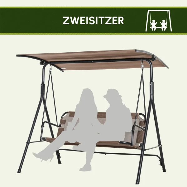 2 zits hollywoodschommel schommelstoel tuinligstoel uv bestendig, hoogwaardige metalen buis, hoekinstelbaar, bruin voor tuin & terras 8