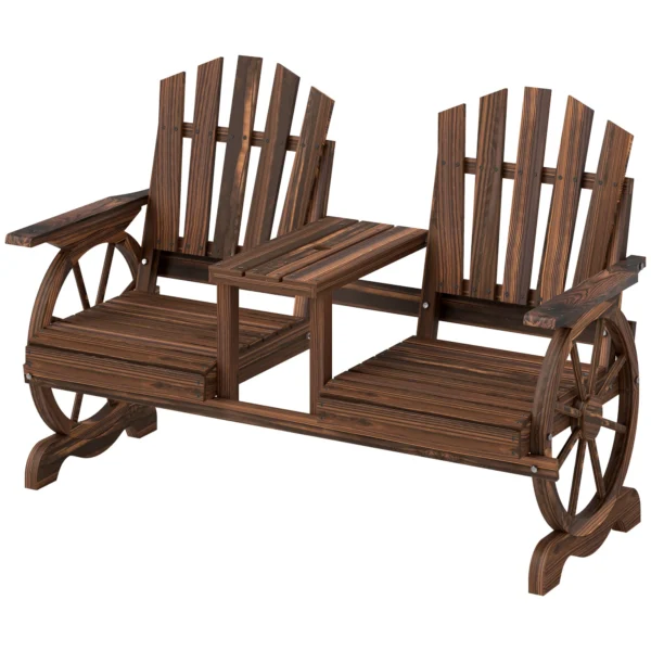 2 zits tuinbank hout, weerbestendige zitbank, tuinmeubilair met parasolgat, benen in wagenwielvorm, tafel parkbank 120kg belastbaar, balkonbank, houtenbank voor balkon tuin 154x65x102 cm verkoold 1