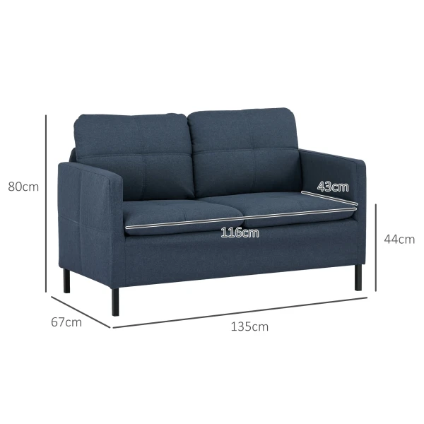 2 zitsbank, bank met linnenlook, stalen poten, gestoffeerde bank, tweepersoonsbank voor woonkamer, slaapkamer, 135 x 67 x 78 cm, donkerblauw 4