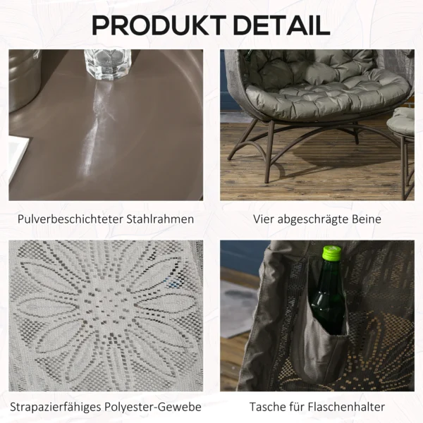 3 delig tuinstoelset, rieten stoel met opvouwbare zitmand, salontafel, kussens, loungestoel voor terras, balkon, staal, zand 8