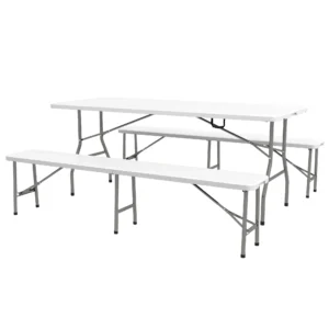 3 delige feesttentset biertafel met 2 bierbanken voor 6 personen, hdpe in wit, ideaal voor tuinfeesten & evenementen 1