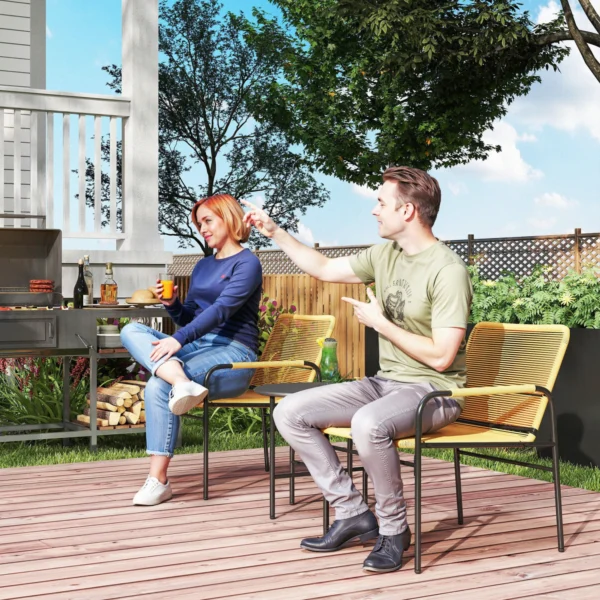 3 dlg. rattan bistroset, zitgroep, tuinset met 2 tuinstoelen, salontafel, balkonmeubel set voor tuin, terras, staal, geel 2