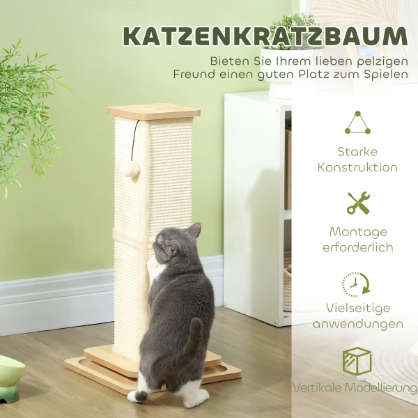 3 in 1 krabpaal, 67cm krabkolom, sisal kattenkrabboom met speelbal, krabboom voor katten, katten krabmeubilair, binnen, eik 6