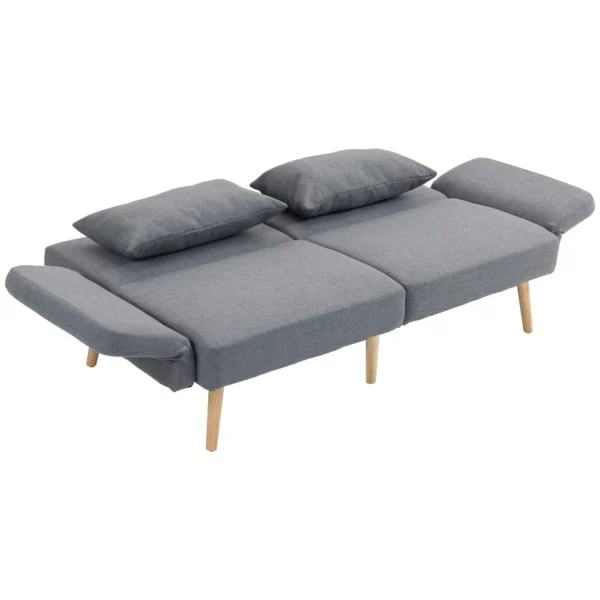 3 zitsbank met slaapfunctie, 170x83x80cm, met 3 traps verstelbare rugleuning en voeten, golfveren, sierkussens, linnenlook, grijs 1