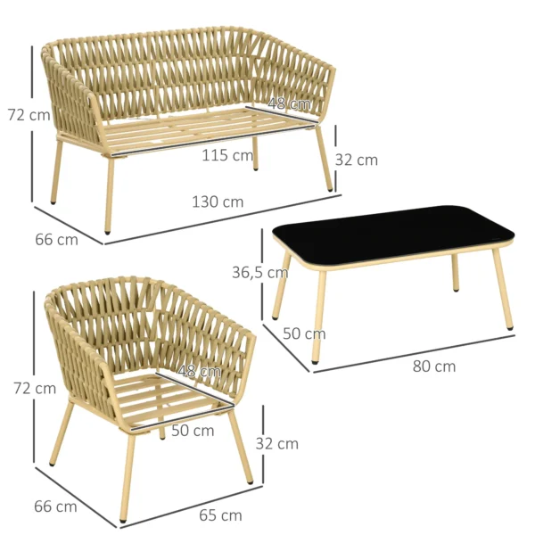4 delig rattan tuinmeubelset zitgroep met 1 salontafel, 2 stoelen, 1 dubbelbank tuinset met kussens khaki voor terras & tuin 4