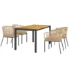 5 delig polyrattan tuinmeubelset voor 4 personen, weerbestendig balkonmeubilair met tafel 4 stoelen afneembaar zitkussen, outdoor terrasmeubilair lounge set voor balkon, tuin, natuurhout+khaki 1