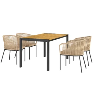 5 delig polyrattan tuinmeubelset voor 4 personen, weerbestendig balkonmeubilair met tafel 4 stoelen afneembaar zitkussen, outdoor terrasmeubilair lounge set voor balkon, tuin, natuurhout+khaki 1