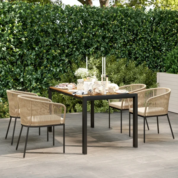 5 delig polyrattan tuinmeubelset voor 4 personen, weerbestendig balkonmeubilair met tafel 4 stoelen afneembaar zitkussen, outdoor terrasmeubilair lounge set voor balkon, tuin, natuurhout+khaki 10