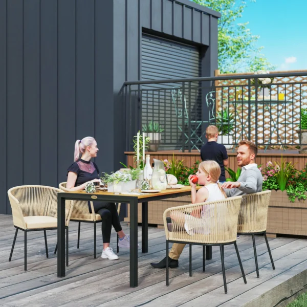 5 delig polyrattan tuinmeubelset voor 4 personen, weerbestendig balkonmeubilair met tafel 4 stoelen afneembaar zitkussen, outdoor terrasmeubilair lounge set voor balkon, tuin, natuurhout+khaki 2