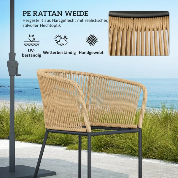 5 delig polyrattan tuinmeubelset voor 4 personen, weerbestendig balkonmeubilair met tafel 4 stoelen afneembaar zitkussen, outdoor terrasmeubilair lounge set voor balkon, tuin, natuurhout+khaki 5
