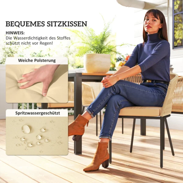 5 delig polyrattan tuinmeubelset voor 4 personen, weerbestendig balkonmeubilair met tafel 4 stoelen afneembaar zitkussen, outdoor terrasmeubilair lounge set voor balkon, tuin, natuurhout+khaki 7
