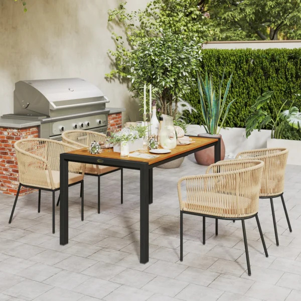 5 delig polyrattan tuinmeubelset voor 4 personen, weerbestendig balkonmeubilair met tafel 4 stoelen afneembaar zitkussen, outdoor terrasmeubilair lounge set voor balkon, tuin, natuurhout+khaki 9