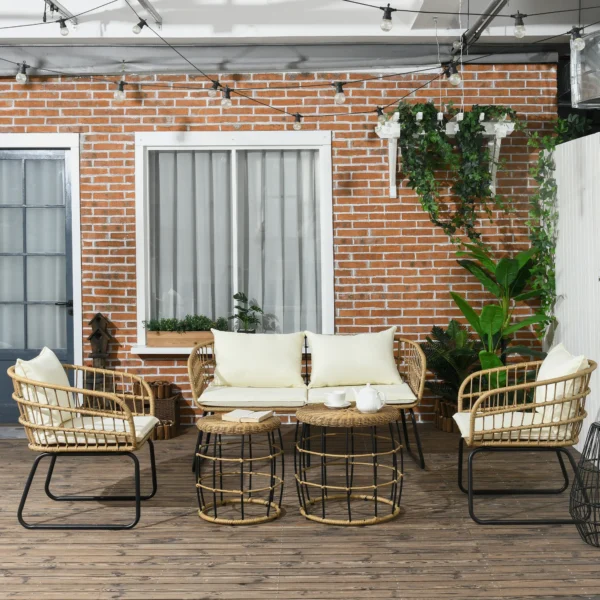 5 delig rattan tuinmeubelset met kussens, 2 salontafels, 2 stoelen, 1 dubbele bank, tuinset in beige voor terras & tuin 2