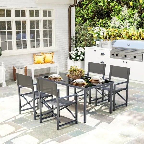 5 delige eetgroep staal voor 4 personen eettafel met 4 inklapbare stoelen eetkamergroep met glazen tafel keukentafel set balkonmeubilair tuinmeubilair voor terras, balkon grijs 2