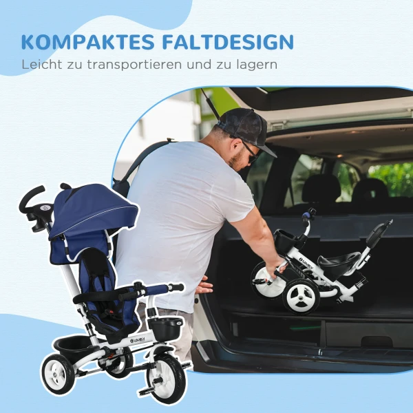 6 in 1 driewieler met duwstang tot 25 kg, opvouwbare kinderdriewieler met veiligheidsgordel, afneembaar zonnedak, bekerhouder & mand 6
