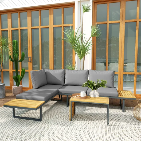 Acaciahout tuinmeubelset 6 personen l vormige tuinlounge met hoekbank verstelbare rugleuning bijzettafel kussens balkonmeubelset buitenzitgroep voor tuin terras balkon lichtgrijs 10