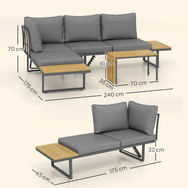 Acaciahout tuinmeubelset 6 personen l vormige tuinlounge met hoekbank verstelbare rugleuning bijzettafel kussens balkonmeubelset buitenzitgroep voor tuin terras balkon lichtgrijs 4