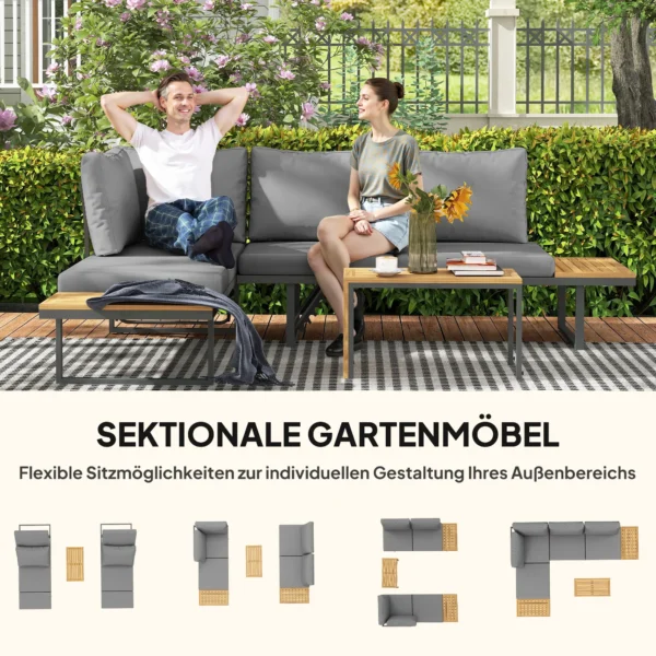 Acaciahout tuinmeubelset 6 personen l vormige tuinlounge met hoekbank verstelbare rugleuning bijzettafel kussens balkonmeubelset buitenzitgroep voor tuin terras balkon lichtgrijs 9