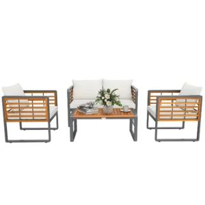 Acaciahout tuinmeubelset zitgroep voor 4 personen tuinlounge met 2 zits sofa 2 stoelen kussens bijzettafel in lamellenontwerp outdoor balkonmeubilair terrasmeubilair voor tuin balkon beige 1