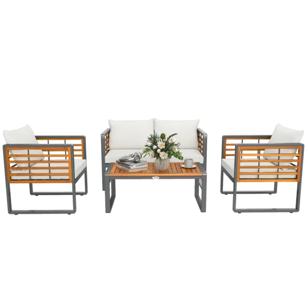 Acaciahout tuinmeubelset zitgroep voor 4 personen tuinlounge met 2 zits sofa 2 stoelen kussens bijzettafel in lamellenontwerp outdoor balkonmeubilair terrasmeubilair voor tuin balkon beige 1